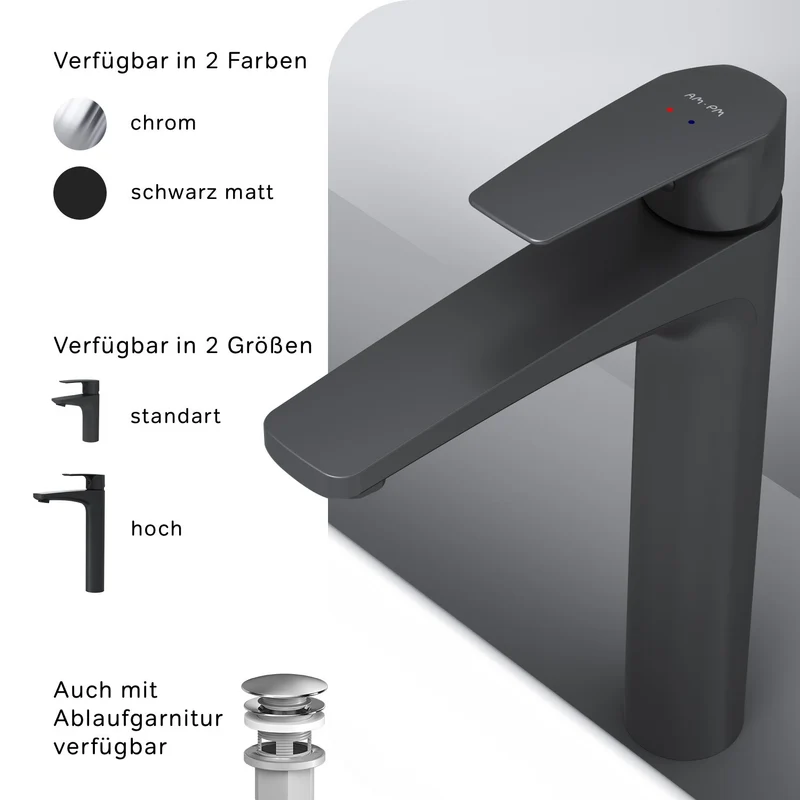 Hohe Waschtischarmatur Gem mit Klick-Ablaufgarnitur, Schwarz – FGA92222