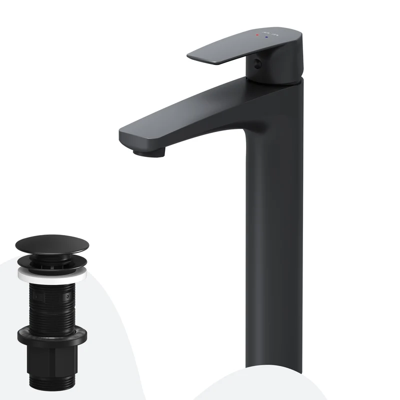 Hohe Waschtischarmatur Gem mit Klick-Ablaufgarnitur, Schwarz – FGA92222
