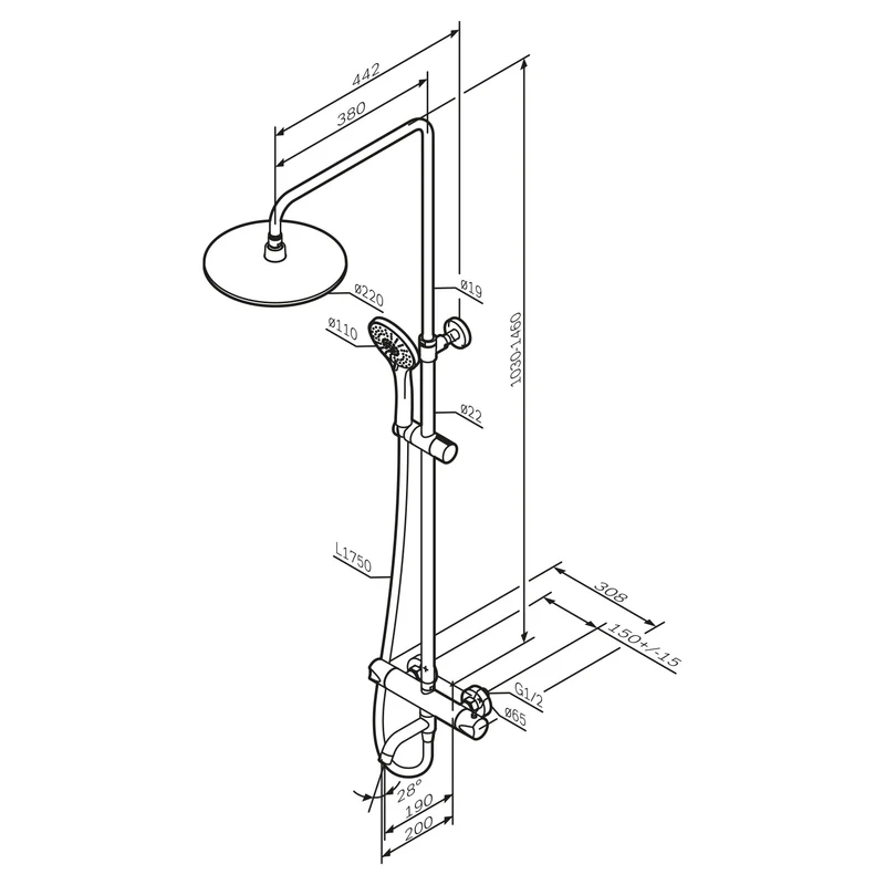 Duschsystem Hit mit Thermostat, Regendusche und Wanneneinlauf – F07TA500