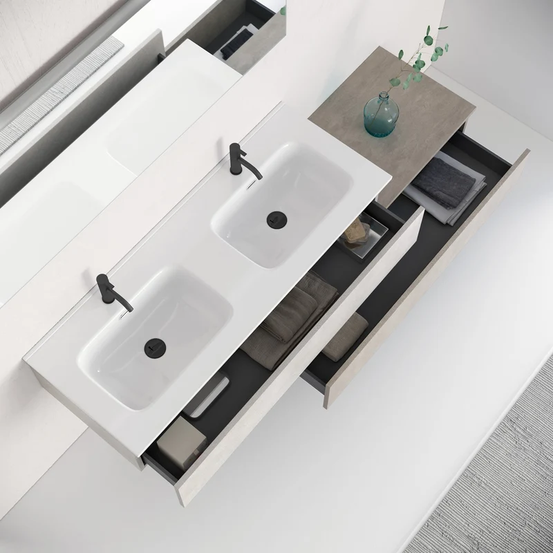 Composizione doppio lavabo 4 pezzi YOKA bianco pietra / avana pietra