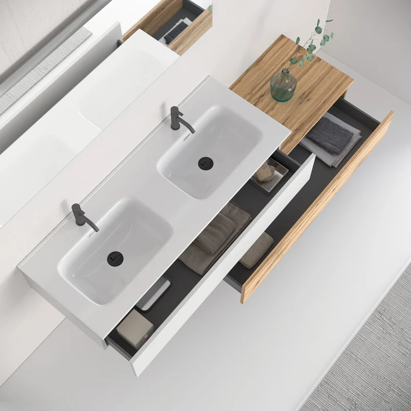 Composizione doppio lavabo 4 pezzi YOKA bianco / quercia