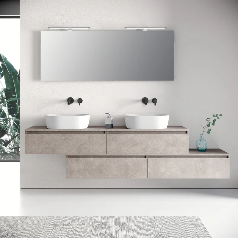 Composizione doppio lavabo 9 pezzi YOKA avana pietra