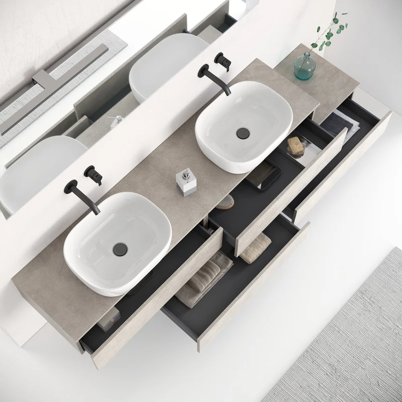 Composizione doppio lavabo 9 pezzi YOKA avana pietra