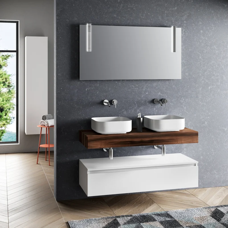 Composizione doppio lavabo 7 pezzi YOKA noce/bianco
