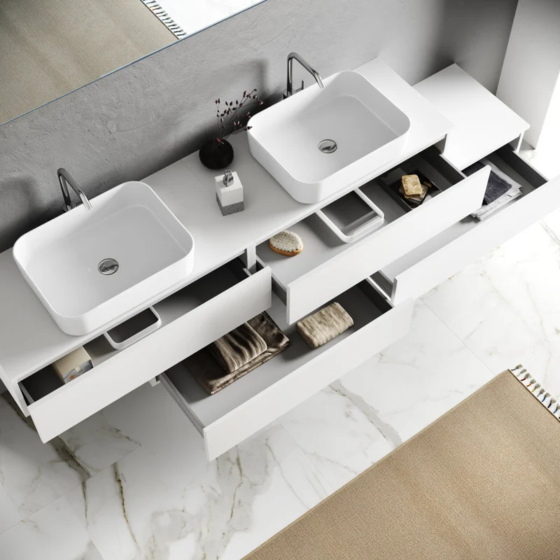 Composizione doppio lavabo 9 pezzi YOKA bianco lavabo rettangolare