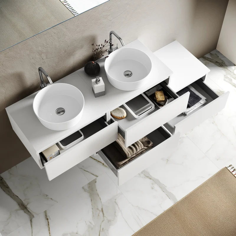 Composizione doppio lavabo 9 pezzi YOKA bianco 225cm