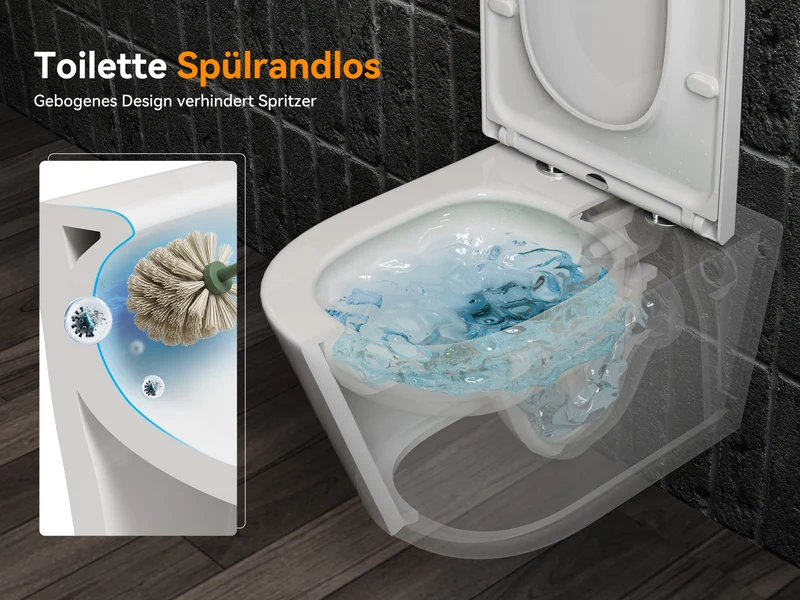 HOROW W384 Wand-WC spülrandlos, Hänge-Toilette mit 360° Superspin-Spülung
