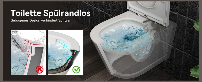 HOROW W384 Wand-WC spülrandlos, Hänge-Toilette mit 360° Superspin-Spülung