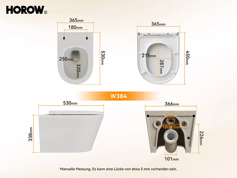 HOROW W384 Wand-WC spülrandlos, Hänge-Toilette mit 360° Superspin-Spülung