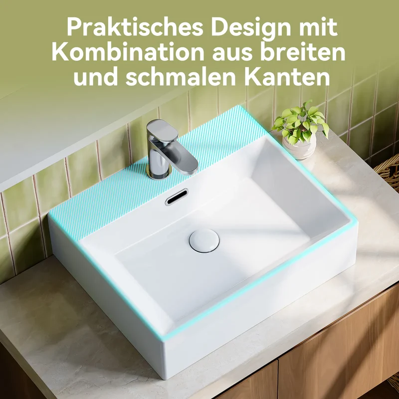 HOROW UV5042W Eckiges Keramik-Waschbecken Weiß 50,5 cm
