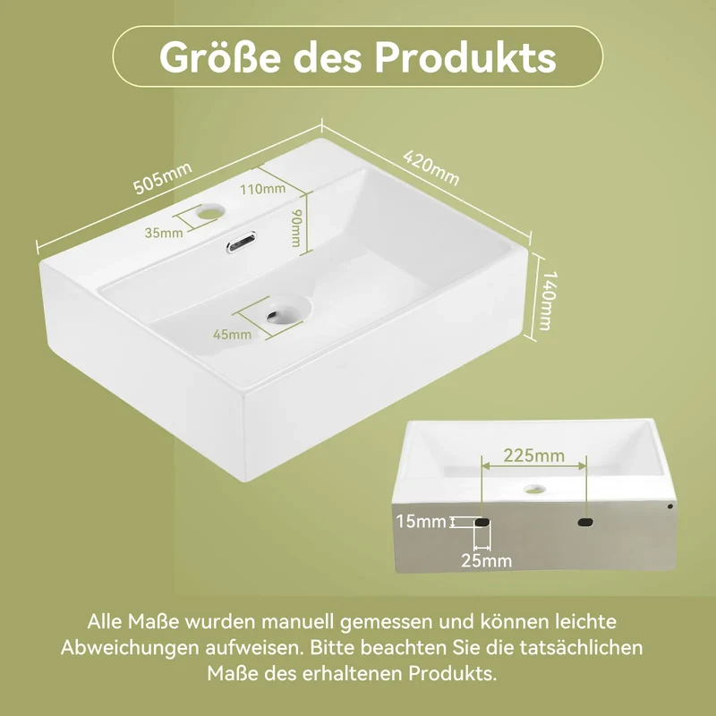 HOROW UV5042W Eckiges Keramik-Waschbecken Weiß 50,5 cm