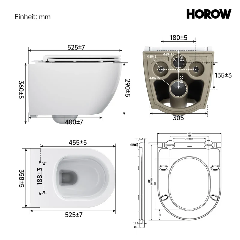 HOROW UG18R Spülrandloses Wand-WC aus Keramik mit Soft
