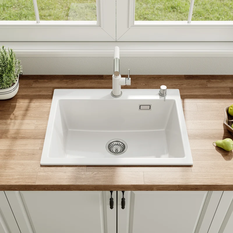 HOROW A09R-S6045W Granitspüle 60 × 45 cm, kratzfest, eckiges Einbauspülbecken09R-S6045W-GE
