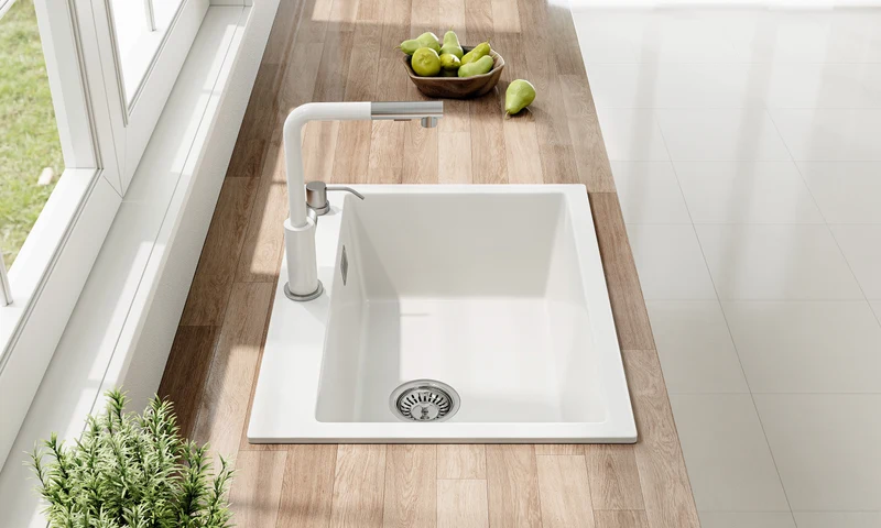 HOROW A09R-S6045W Granitspüle 60 × 45 cm, kratzfest, eckiges Einbauspülbecken09R-S6045W-GE