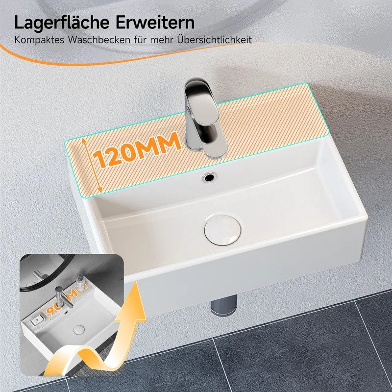 HOROW Waschbecken F10-S4531 Weiß mit Hahnloch & Überlauf,45 cm