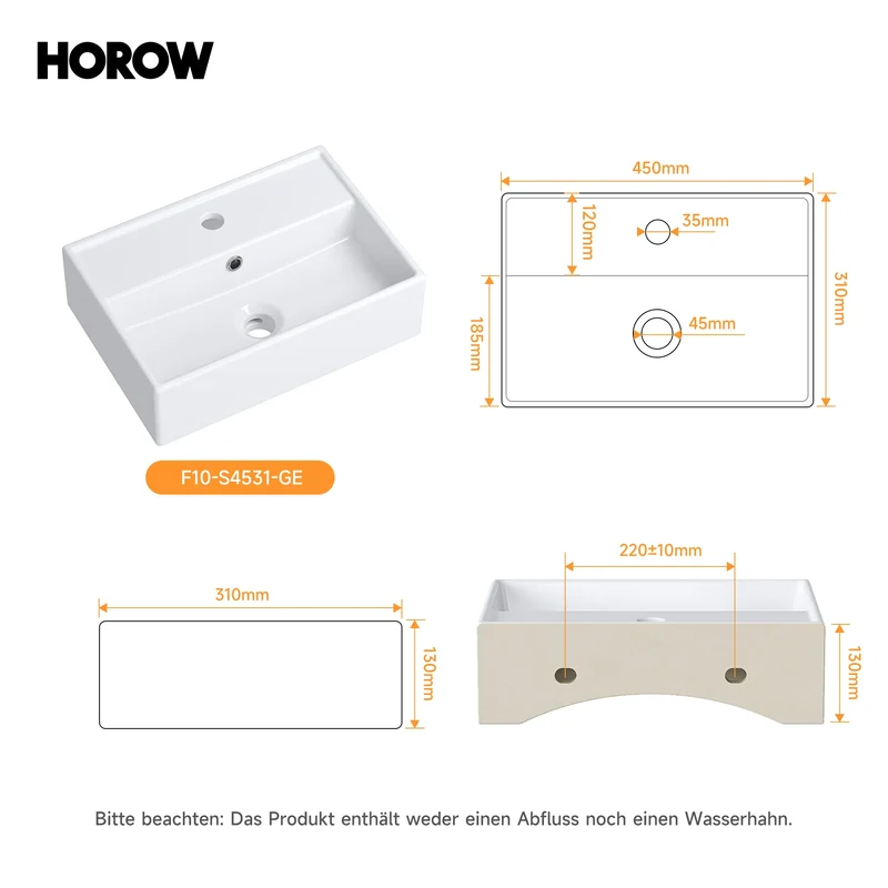HOROW Waschbecken F10-S4531 Weiß mit Hahnloch & Überlauf,45 cm