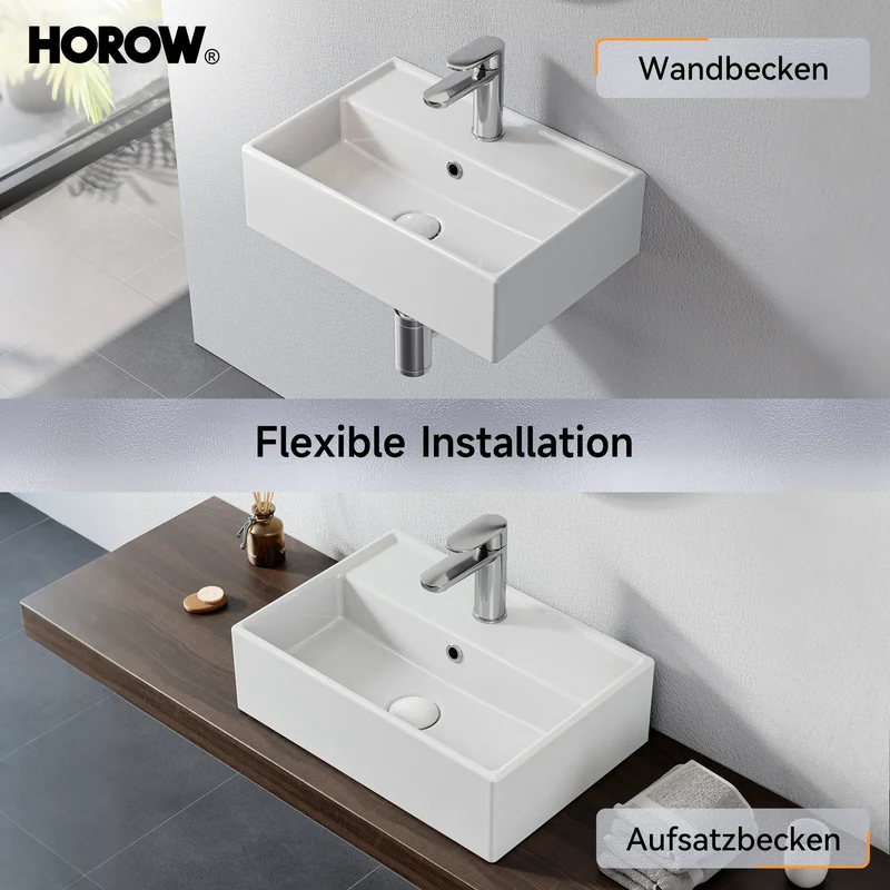 HOROW Waschbecken F10-S4531 Weiß mit Hahnloch & Überlauf,45 cm