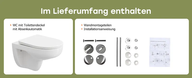 HOROW UG15R Wand-WC, spülrandlose Toilette aus Keramik, 52,5 × 36 × 36,5 cm
