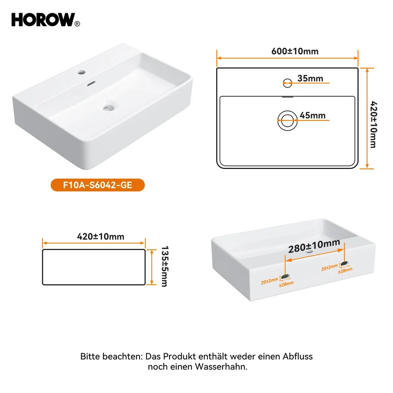 HOROW F10A-S6042 Waschbecken 60 cm mit Hahnloch & Überlauf