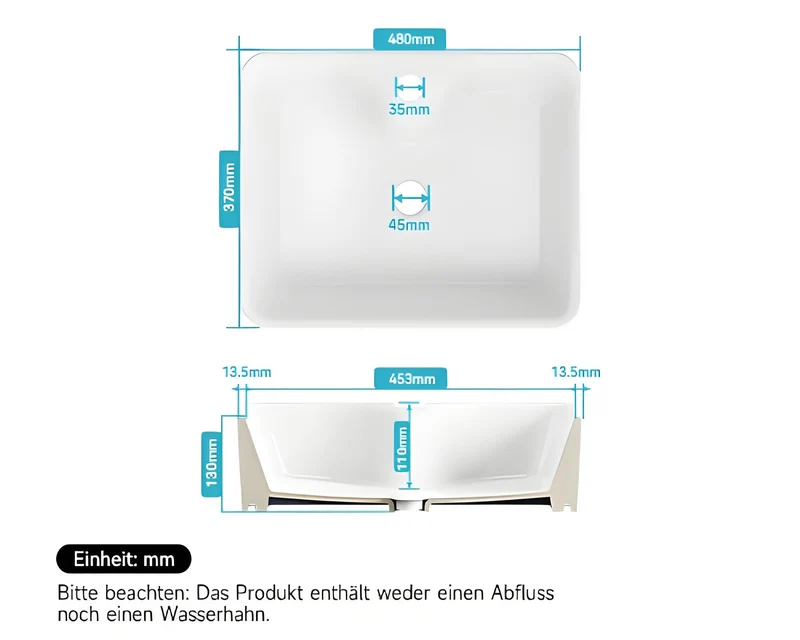 HOROW F10A-S4837 Aufsatzwaschbecken Rechteckig 48x37x13 cm
