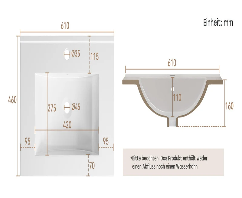 HOROW F10C-S6146 Einbau-Waschbecken 60 cm Breit