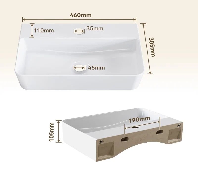HOROW F08R-S4631W Rechteckiges Keramik Waschbecken 46×30 cm