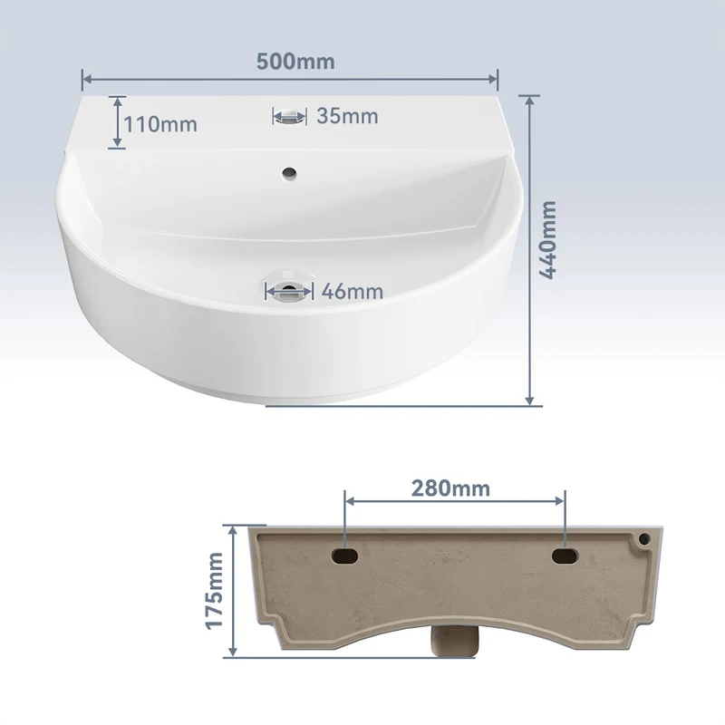 HOROW F08R-R5044W Keramik Waschbecken 50 cm Oval