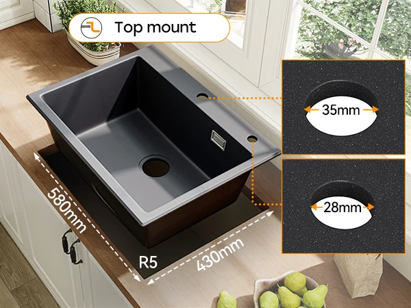 HOROW A09R-S6045B Granit Spülbecken Schwarz 60×45 cm