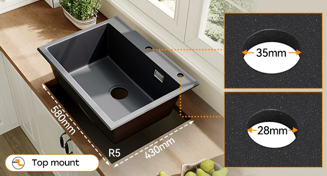 HOROW A09R-S6045B Granit Spülbecken Schwarz 60×45 cm