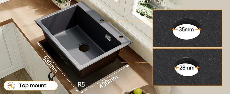 HOROW A09R-S6045B Granit Spülbecken Schwarz 60×45 cm