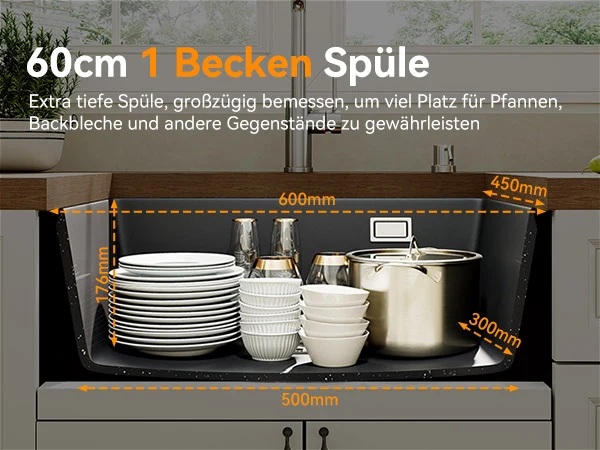 HOROW A09R-S6045B Granit Spülbecken Schwarz 60×45 cm