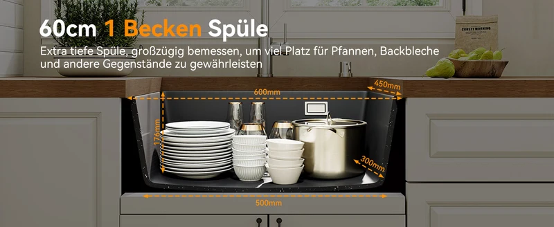 HOROW A09R-S6045B Granit Spülbecken Schwarz 60×45 cm
