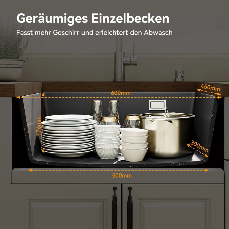 HOROW A09R-S6045B Granit Spülbecken Schwarz 60×45 cm