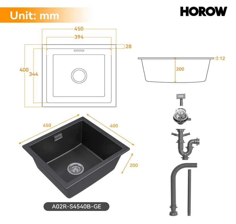 HOROW A02R-S4540B Granit Spüle Schwarz 45×40 cm