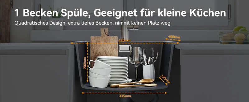 HOROW A02R-S4540B Granit Spüle Schwarz 45×40 cm