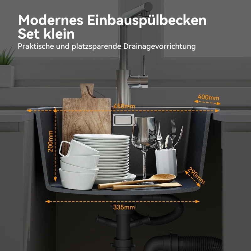 HOROW A02R-S4540B Granit Spüle Schwarz 45×40 cm
