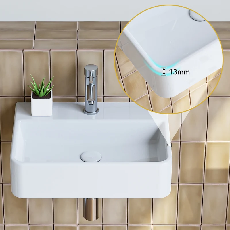 HOROW F08R-S3826W Waschbecken aus Keramik in Weiß, 38×26 cm