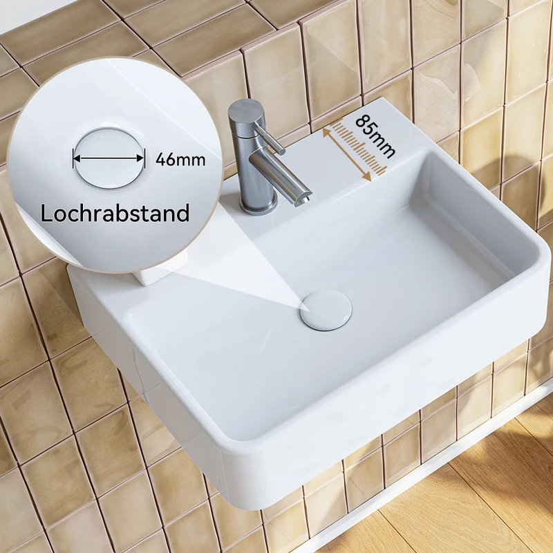 HOROW F08R-S3826W Waschbecken aus Keramik in Weiß, 38×26 cm