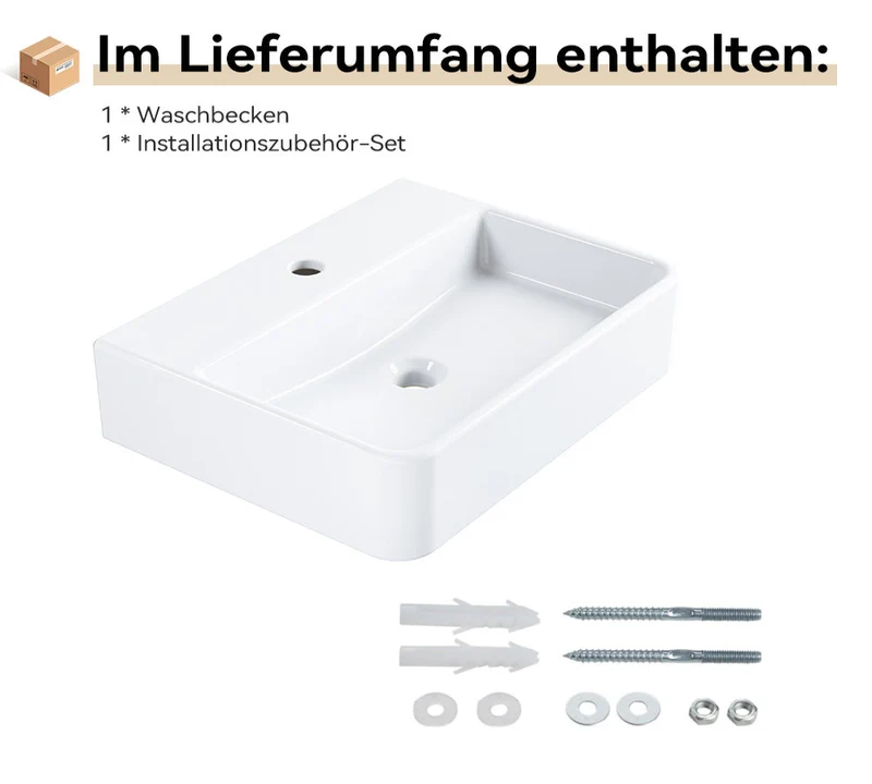 HOROW F08R-S3826W Waschbecken aus Keramik in Weiß, 38×26 cm