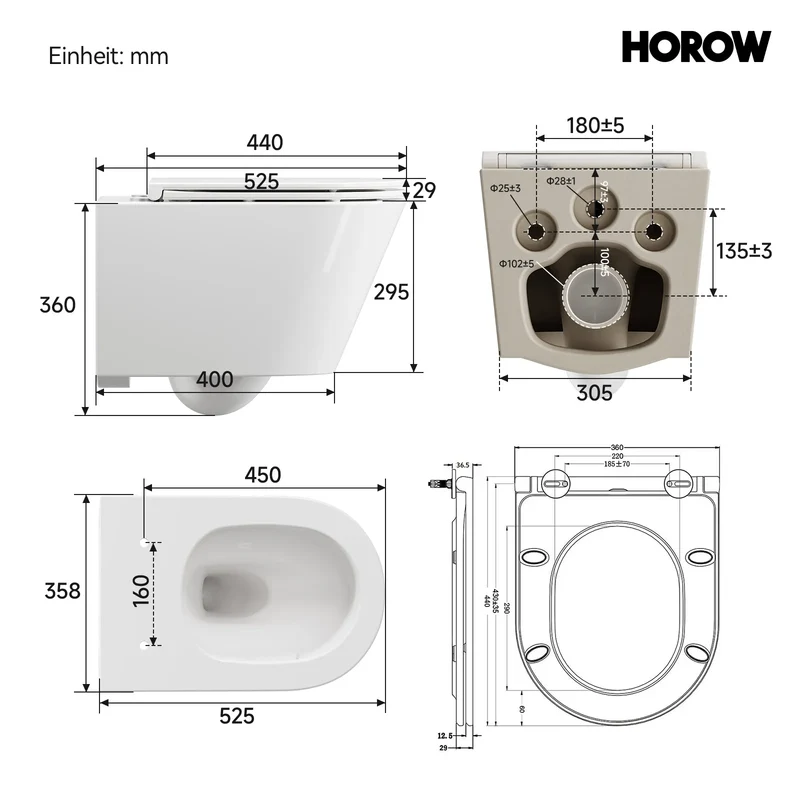 HOROW UG17R Wand-WC 53,9 cm – Weiß