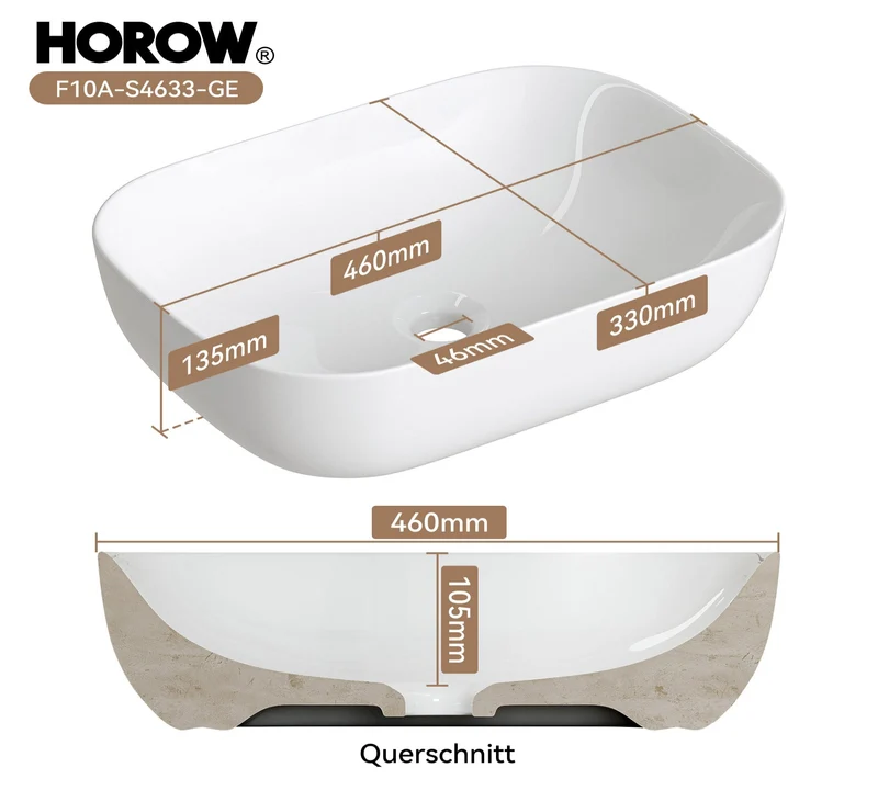 HOROW F10A-S4633 Waschbecken Oval Weiß 46x33x13,5 cm