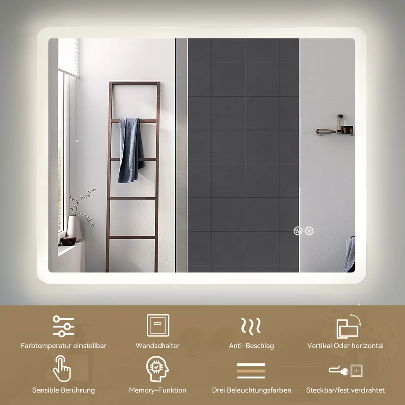 HOROW M7090S Badezimmer Wandspiegel LED mit Beleuchtung 70x90 cm