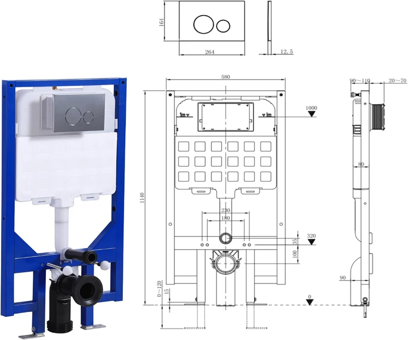 HOROW T03H WC-Vorwandelement mit HDPE-Unterputz 58 × 8 × 114 cm