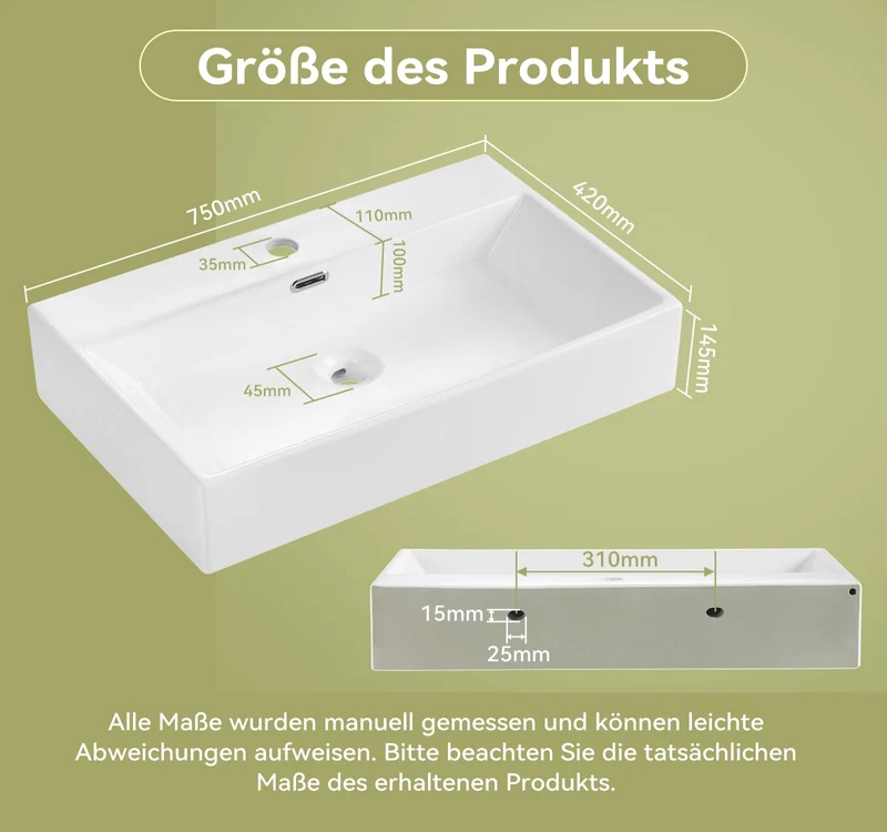 HOROW UV7542W Waschbecken 75 x 42 x 14 cm