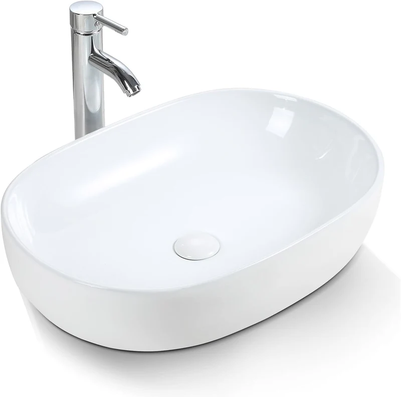 HOROW UR5941W Aufsatzwaschbecken Oval Weiß Keramik mit Lotus-Effekt