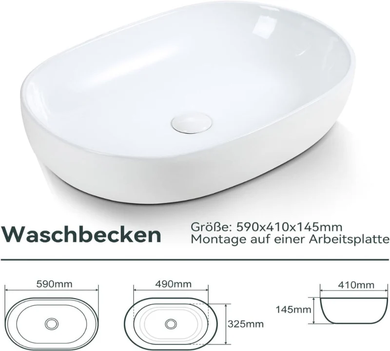 HOROW UR5941W Aufsatzwaschbecken Oval Weiß Keramik mit Lotus-Effekt
