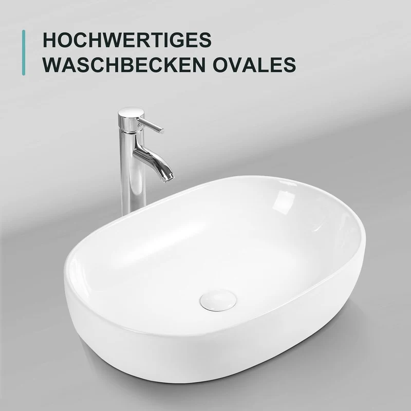 HOROW UR5941W Aufsatzwaschbecken Oval Weiß Keramik mit Lotus-Effekt