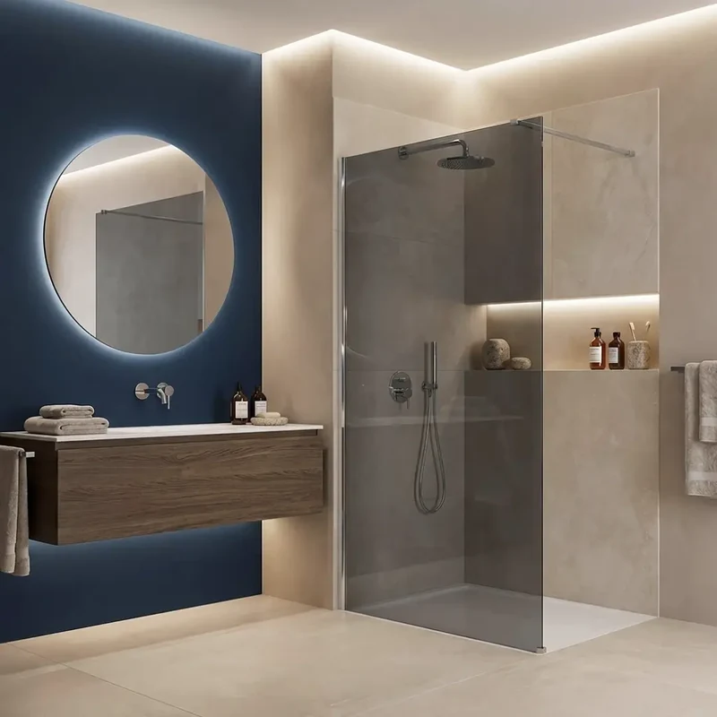 Walk-In Duschwand Flexi grau getöntes Glas Chrom Matt 80-140cm