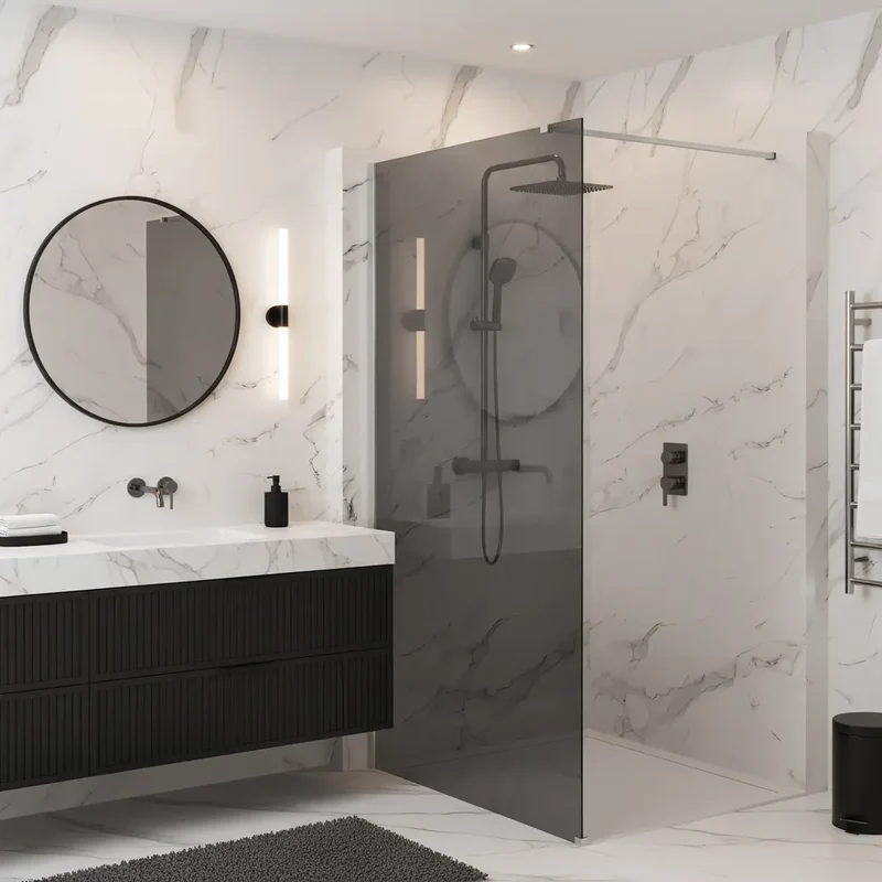 Walk-In Duschwand Flexi grau getöntes Glas Chrom Matt 80-140cm