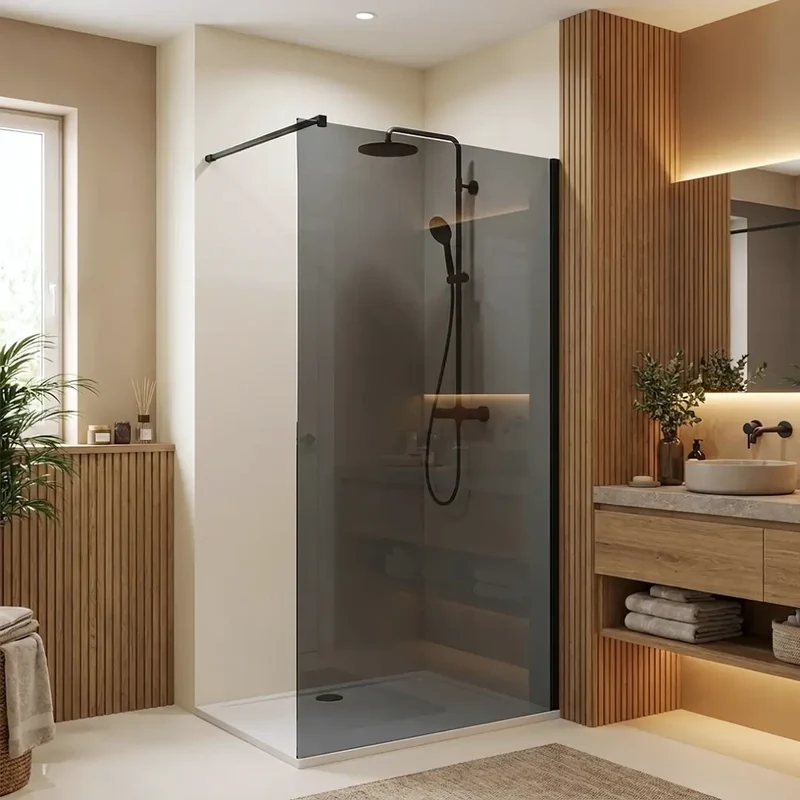 Walk-In Duschwand Flexi grau getöntes Glas Schwarz Matt 80-140 cm
